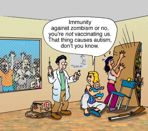 "Immunitás zombiság ellen? Nem! Nem fog beoltani! A védőoltások autizmust okoznak, hát nem tudja?"